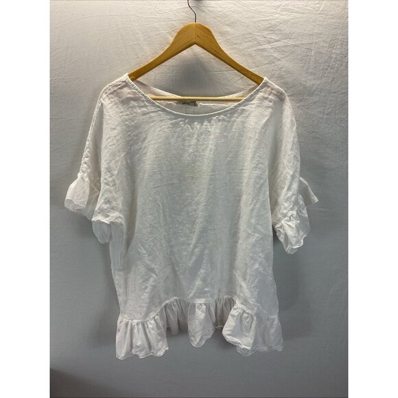 Terzo Millennio Italy 100% Linen Ruffle Top White Minimalist Coastal oversize SM - Picture 1 of 10